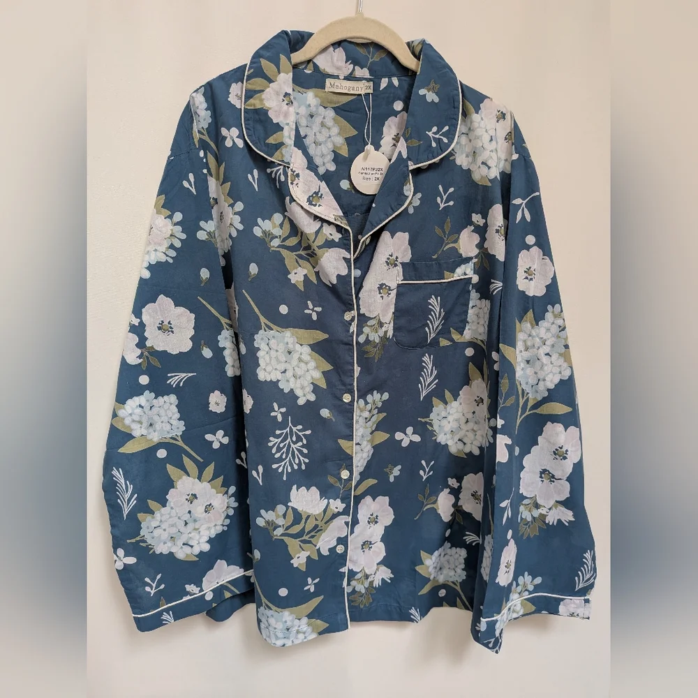 NWT Mahogany Blue Floral Camila Long Sleeve PJ Set 100% Cotton Size 2X - Picture 3 of 15